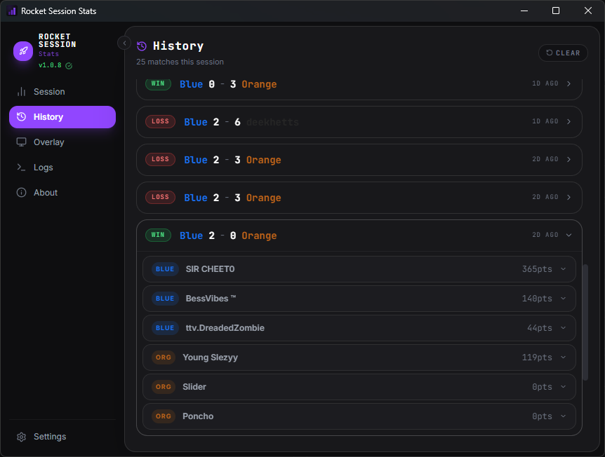 rocket-session screenshot 2: history
