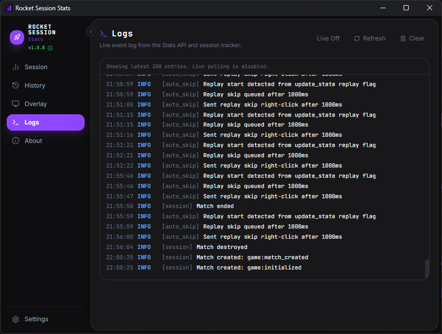 rocket-session screenshot 4: logs