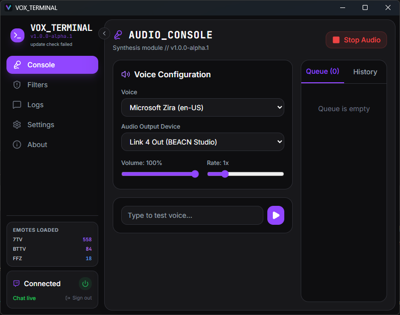 vox-terminal screenshot 1: console