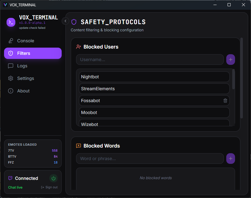 vox-terminal screenshot 2: filters